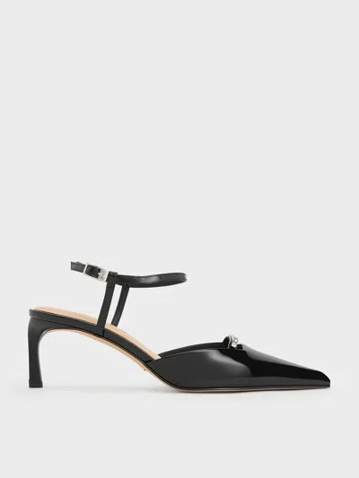 Charles & Keith - Leather Kitten-heel Ankle-strap Pointed-toe Pumps In Black Box