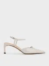 Charles & Keith - Leather Kitten-heel Ankle-strap Pointed-toe Pumps In Light Grey