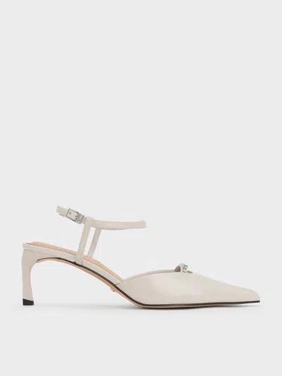 Charles & Keith - Leather Kitten-heel Ankle-strap Pointed-toe Pumps In Light Grey