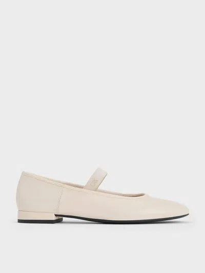 Charles & Keith - Leather Mary Jane Flats In Chalk