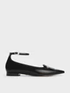 Charles & Keith - Leather Metallic-accent Pointed-toe Ankle-strap Flats In Black Box