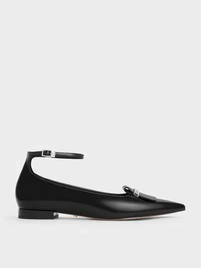 Charles & Keith - Leather Metallic-accent Pointed-toe Ankle-strap Flats In Black Box