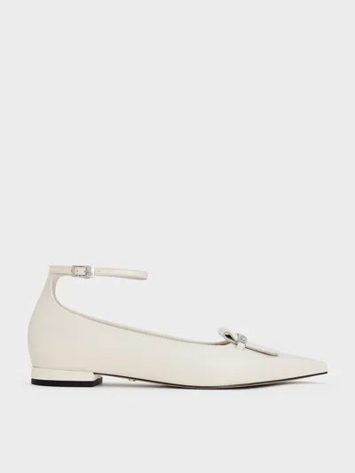 Charles & Keith - Leather Metallic-accent Pointed-toe Ankle-strap Flats In Chalk