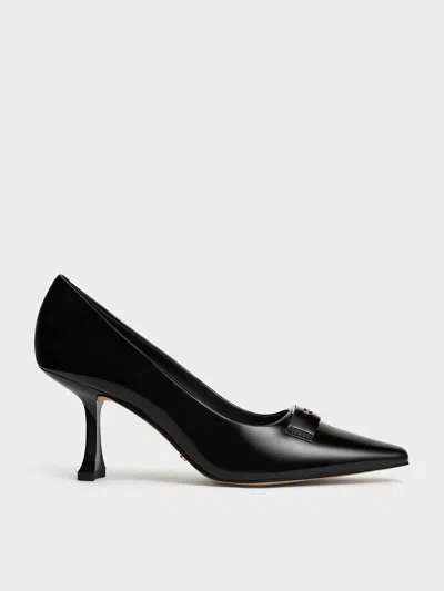 Charles & Keith - Leather Sculptural-heel Square-toe Pumps In Black Box