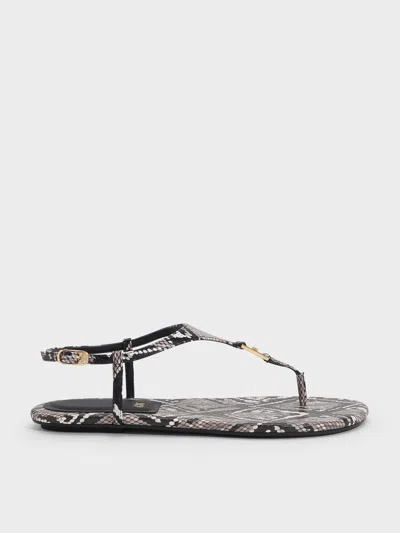 Charles & Keith - Leather Snake-print T-bar Thong Sandals