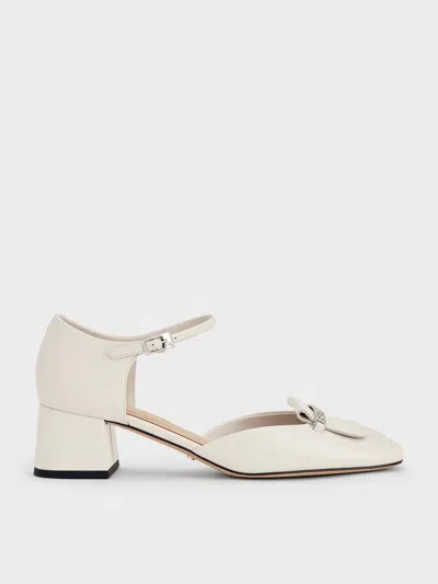 Charles & Keith - Leather Square-toe D'orsay Ankle-strap Pumps In Chalk