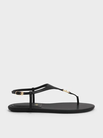 Charles & Keith - Leather T-bar Thong Sandals In Black