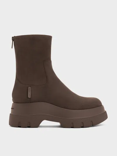 Charles & Keith - Leoi Faux Suede Back-zip Chunky Ankle Boots In Brown