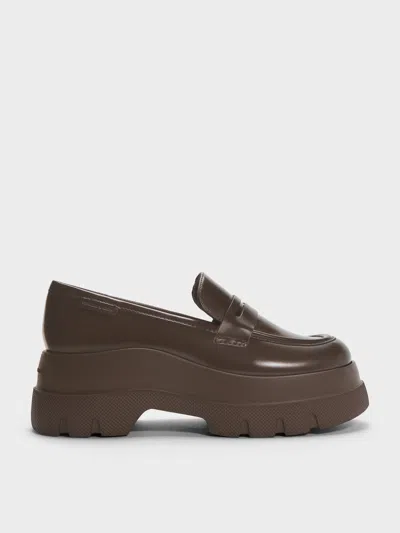 Charles & Keith - Leoi Platform Penny Loafers In Brown