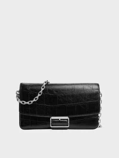 Charles & Keith - Liv Croc-effect Grommet Chain-handle Shoulder Bag In Black