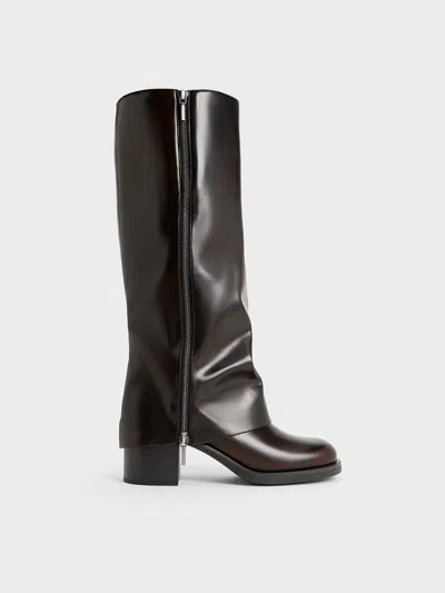 Charles & Keith - Louise Textured Side-zip Knee-high Boots In Brown