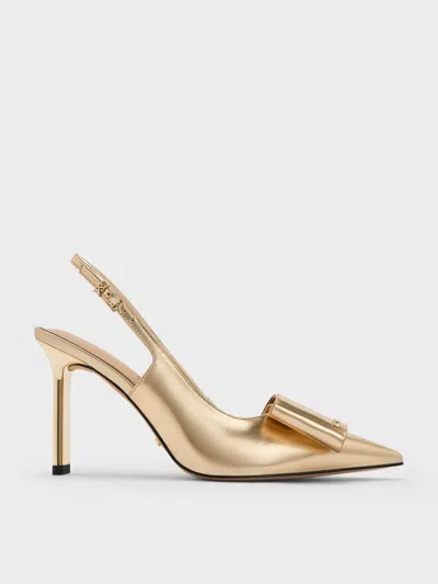Charles & Keith - Lu Metallic Leather Bow Blade-heel Slingback Pumps