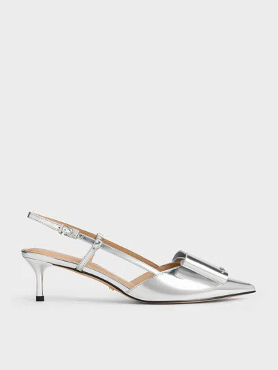 Charles & Keith - Lu Metallic Leather Bow Slingback Pumps In Silver