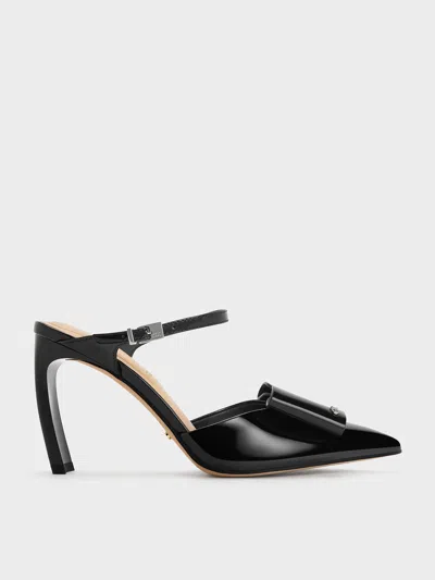 Charles & Keith - Lu Patent Leather Bow Blade-heel Mules In Black Patent