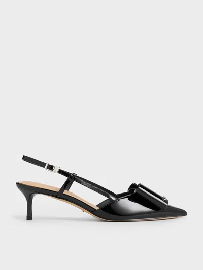 Charles & Keith - Lu Patent Leather Bow Slingback Pumps In Black Patent