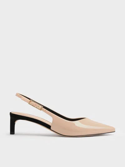 Charles & Keith - Luciana Patent Slingback Kitten Heels In Brown