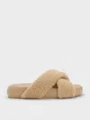 Charles & Keith - Lumi Faux Shearling Crossover-strap Slide Sandals In Brown