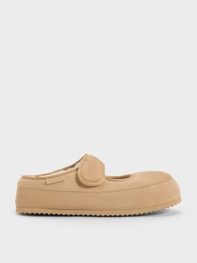 Charles & Keith - Lumi Faux Suede & Faux Shearling Mules In Sand