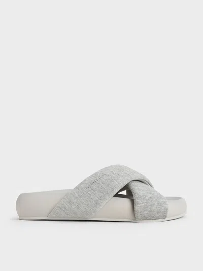 Charles & Keith - Lumi Textured Crossover-strap Slide Sandals In Light Grey