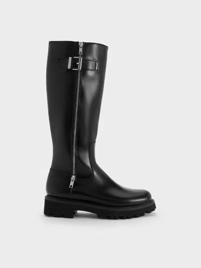 Charles & Keith - Lyndon Buckled Side-zip Knee-high Boots In Black