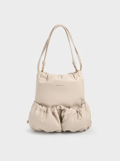 Charles & Keith - Maisy Ruched Drawstring Backpack In Oat
