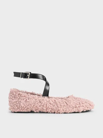 Charles & Keith - Margot Furry Crossover-strap Ballet Flats In Pink
