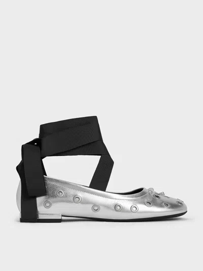 Charles & Keith - Margot Metallic Grommet Tie-around Ballet Flats In Silver