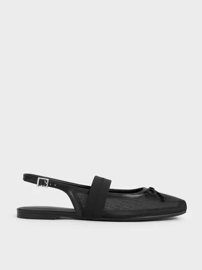 Charles & Keith - Mesh & Satin Bow Slingback Flats In Black Textured