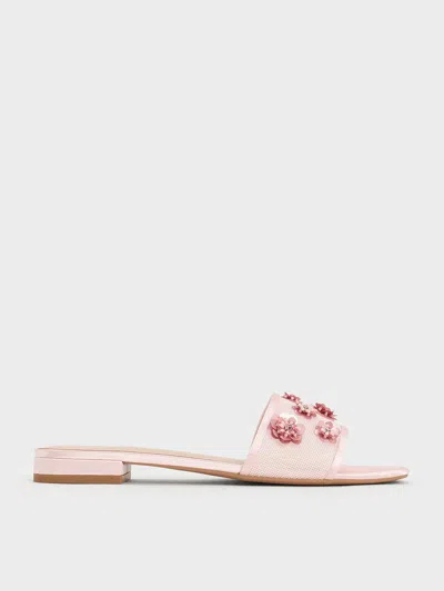 Charles & Keith - Mesh & Satin Sequin-flower Slide Sandals In Pink