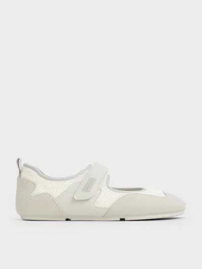 Charles & Keith - Mesh Contrast-panel Mary Jane Sneakers In White