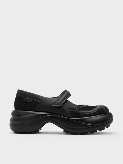 Charles & Keith Mesh Curved Platform Mary Janes In Black Textured