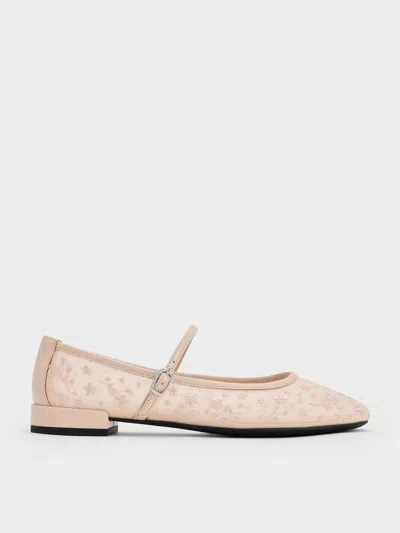 Charles & Keith - Gertrude Mesh Embroidered Floral Mary Janes In Nude
