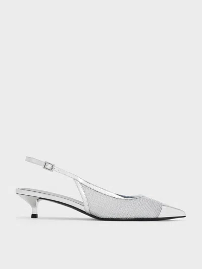 Charles & Keith - Mesh Metallic Cap-toe Kitten-heel Pumps In Silver