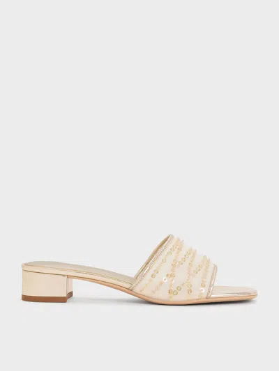 Charles & Keith - Mesh Metallic Sequinned Block-heel Mules In Gold