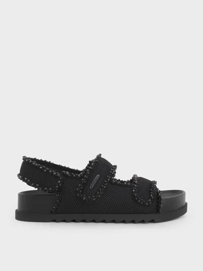 Charles & Keith - Mesh Pearl-embellished Flatform Sandals In Black Textured
