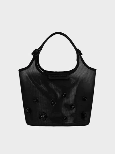 Charles & Keith - Mesh Sequin-flower Tote Bag In Jet Black