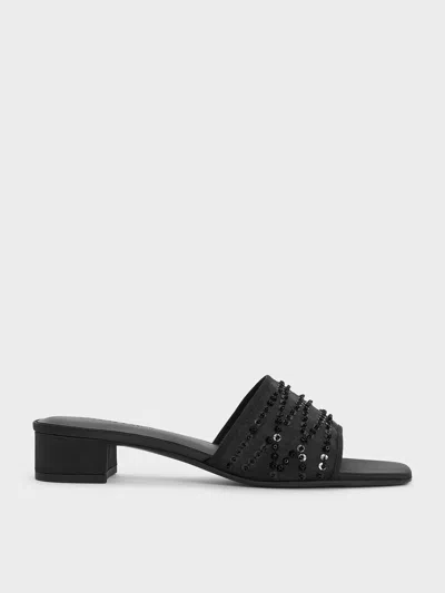 Charles & Keith - Mesh Sequinned Block-heel Mules In Black Textured
