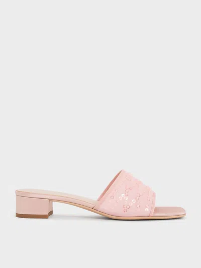 Charles & Keith - Mesh Sequinned Block-heel Mules In Nude