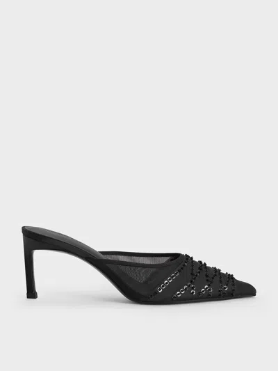 Charles & Keith - Mesh Sequinned Heeled Mules In Black Textured