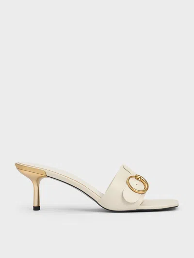 Charles & Keith - Metallic-accent Buckled Square-toe Mules In Chalk