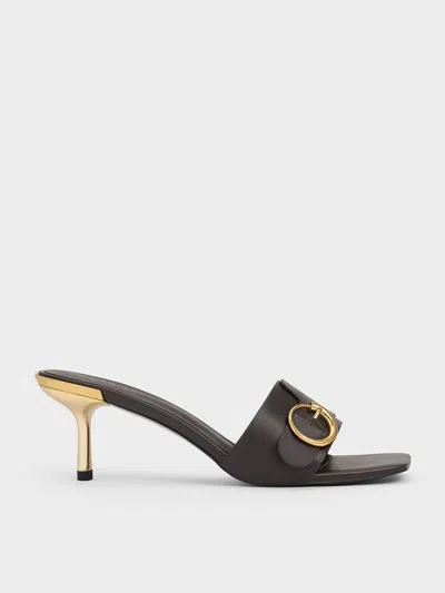 Charles & Keith - Metallic-accent Buckled Square-toe Mules In Dark Brown
