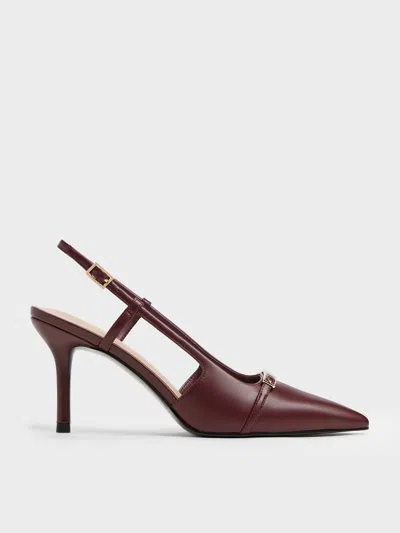 Charles & Keith - Metallic-bar Pointed Slingback Pumps In Burgundy