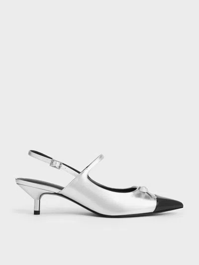 Charles & Keith - Metallic Bow Cap-toe Kitten-heel Slingback Pumps In Silver