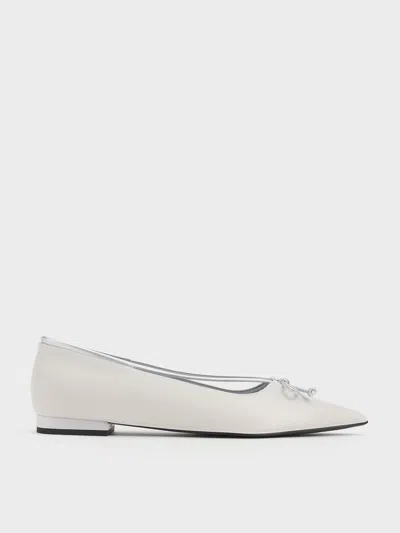 Charles & Keith - Metallic Bow Pointed-toe Ballet Flats In Silver