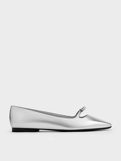Charles & Keith - Metallic Bow Square-toe Ballet Flats In Silver