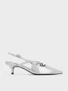 Charles & Keith Metallic Buckle-strap Kitten Heel Slingback Pumps In Silver