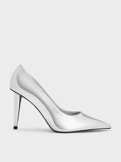 Charles & Keith - Metallic Cone-heel Pointed-toe Pumps In Silver