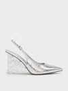 Charles & Keith - Metallic Crinkle-effect Speckled-heel Slingback Wedges In Silver