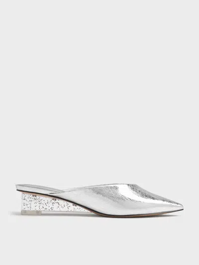 Charles & Keith - Metallic Crinkle-effect Speckled-heel Wedge Mules​ In Silver