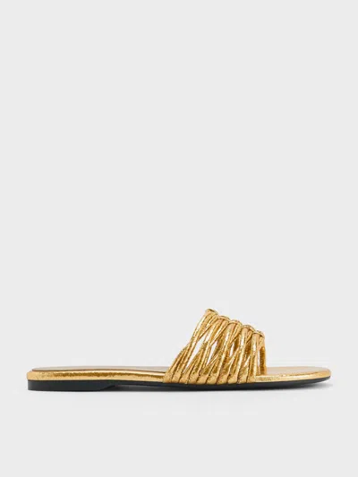 Charles & Keith - Metallic Crinkle-effect Woven Slide Sandals In Gold